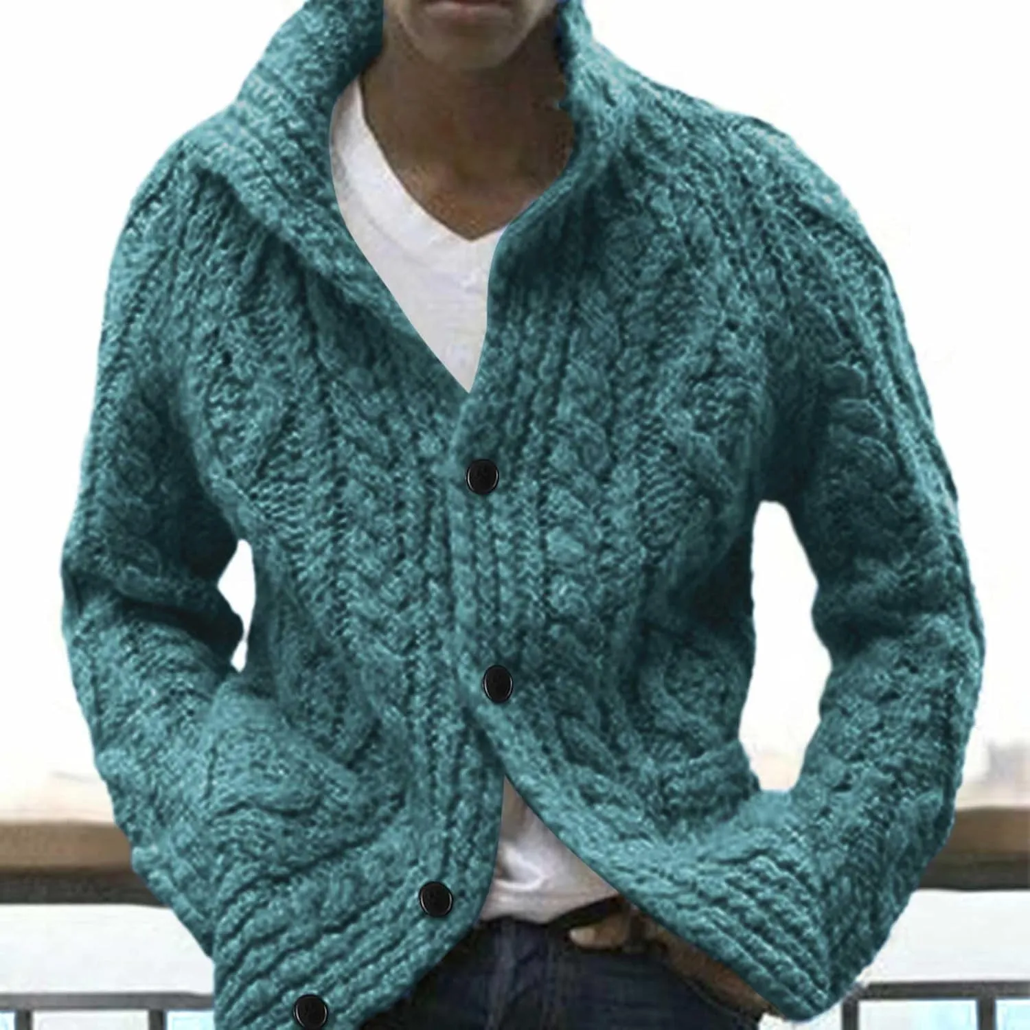 Mens Shawl Collar Cardigan Sweater Cable Knitted Button Down Solid Color Sweaters Chunky Fall Winter Outwear