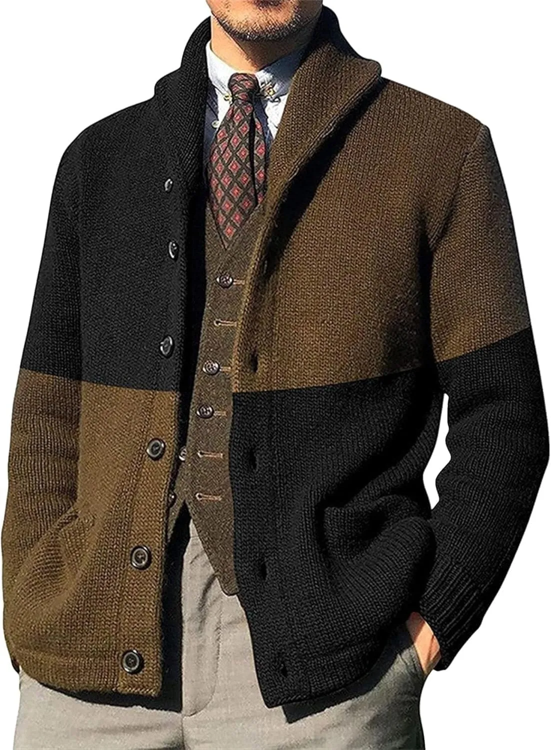 Men's Shawl Collar Cardigan Sweaters Button Down Knitted Ribbed Cardigans Casual Long Sleeve Knit Jackets Outerwear