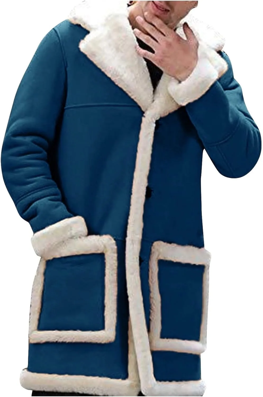 Mens Sherpa Fleece Lined Jackets Winter Warm Fur Collar Long Trench Coats Thick Outwears Pockets for Big Tall Men