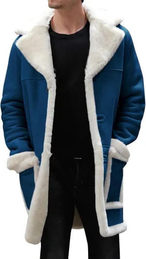 Mens Sherpa Fleece Lined Jackets Winter Warm Fur Collar Long Trench Coats Thick Outwears Pockets for Big Tall Men