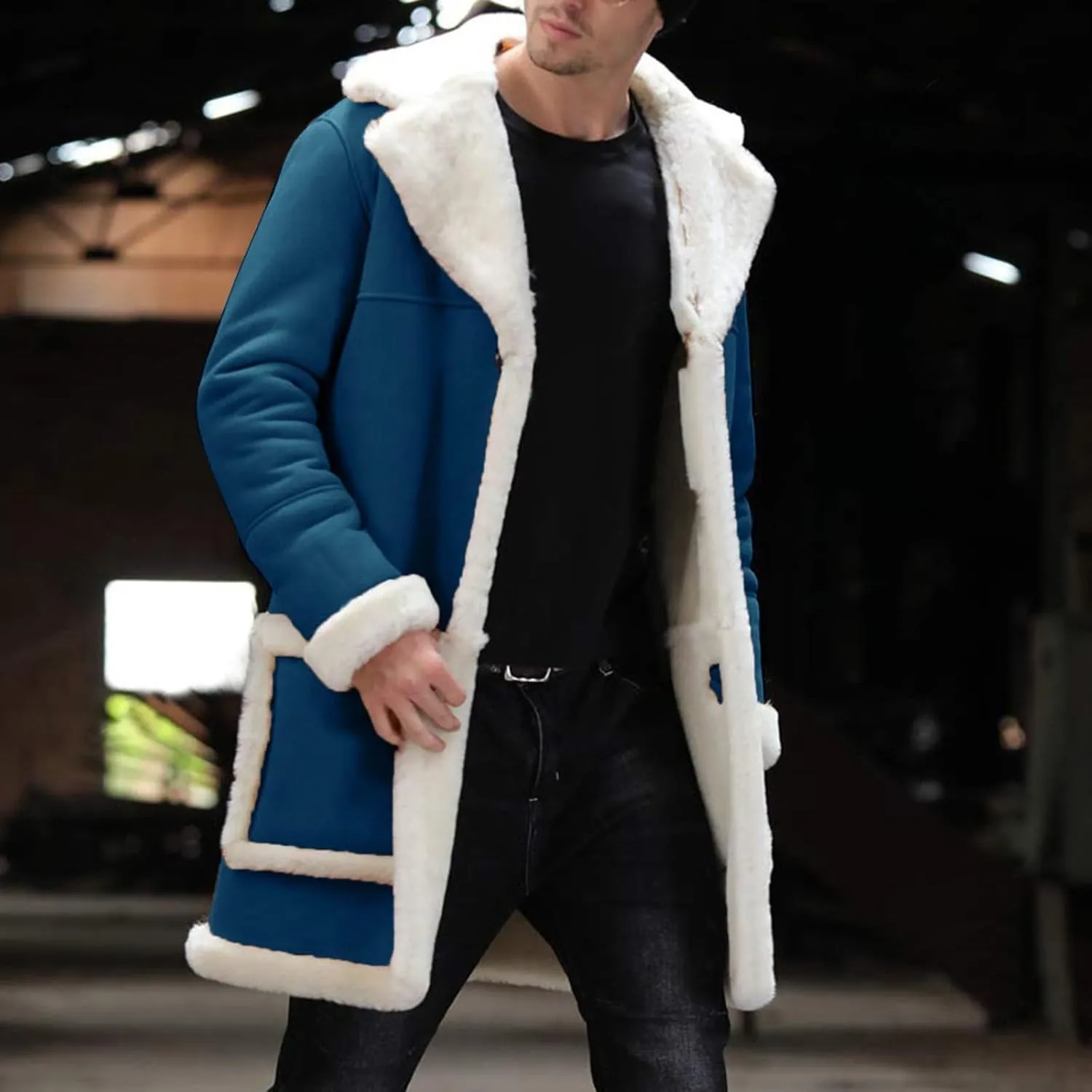 Mens Sherpa Fleece Lined Jackets Winter Warm Fur Collar Long Trench Coats Thick Outwears Pockets for Big Tall Men