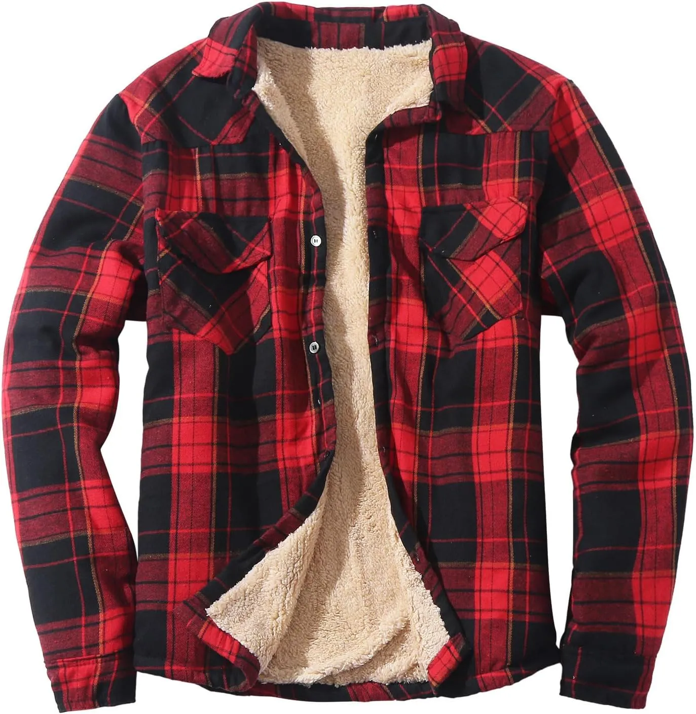 Mens Sherpa Fleece Lined Plaid Hooded Jackets Lapel Button Down Long Sleeve Coat Casual Outwear Thicken Warm Tops