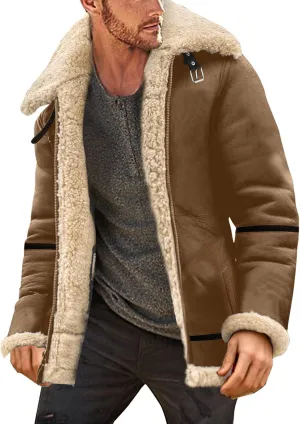 Mens Sherpa Fleece Lined Winter Coat Warm Suede Leather Outdoor Casual Faux Shearling Sheepskin Fur Collar Jackets,C1Khaki,Medium