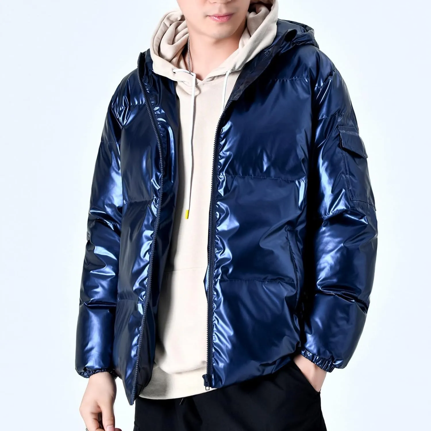 Men's Shiny Winter Jacket Heavyweight Puffer Jackets Casual Coat for Men Full Zip Windproof Stand Collar Down Jacket