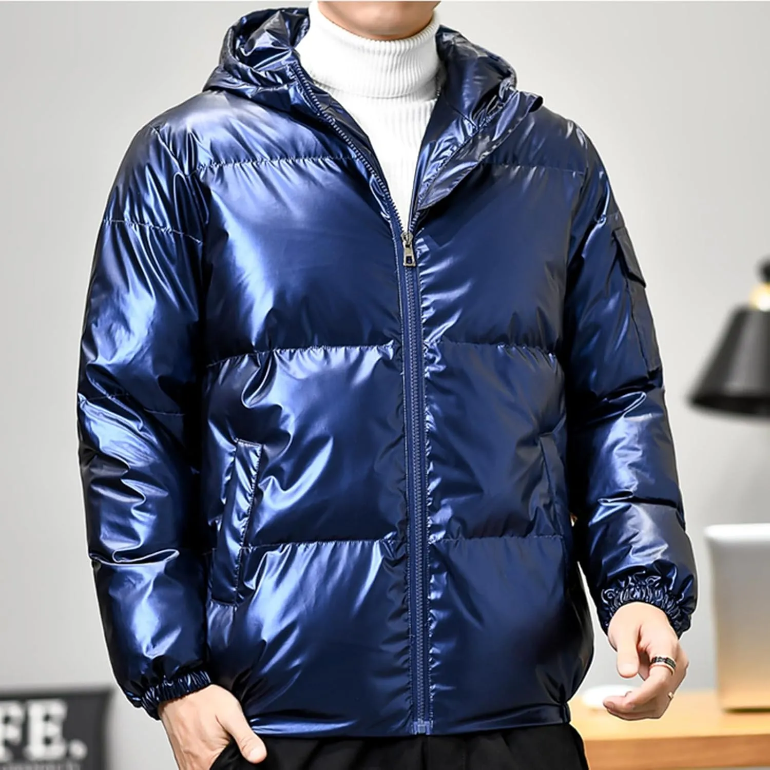 Men's Shiny Winter Jacket Heavyweight Puffer Jackets Casual Coat for Men Full Zip Windproof Stand Collar Down Jacket