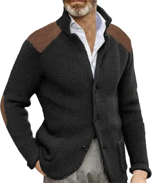 Mens Slim Fit Button Up Patch Cardigan Sweater V Neck Long Sleeve Vintage Cable Knit Cardigan Ribbed Basic Sweater