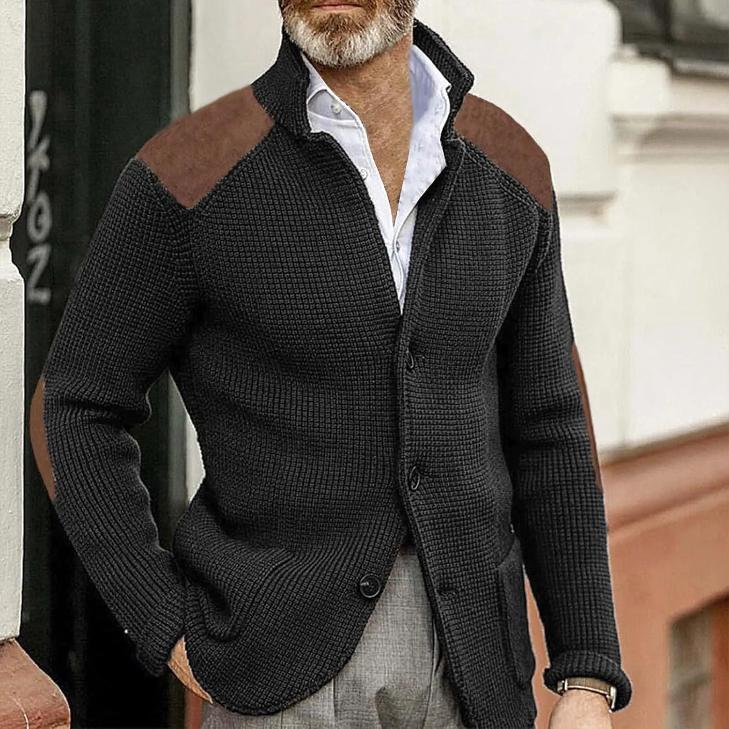 Mens Slim Fit Button Up Patch Cardigan Sweater V Neck Long Sleeve Vintage Cable Knit Cardigan Ribbed Basic Sweater