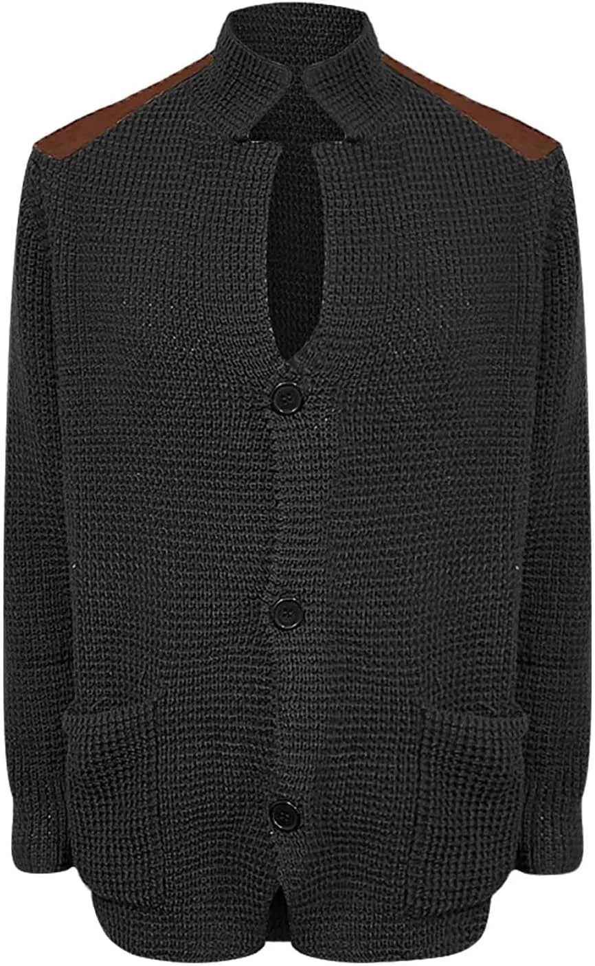 Mens Slim Fit Button Up Patch Cardigan Sweater V Neck Long Sleeve Vintage Cable Knit Cardigan Ribbed Basic Sweater