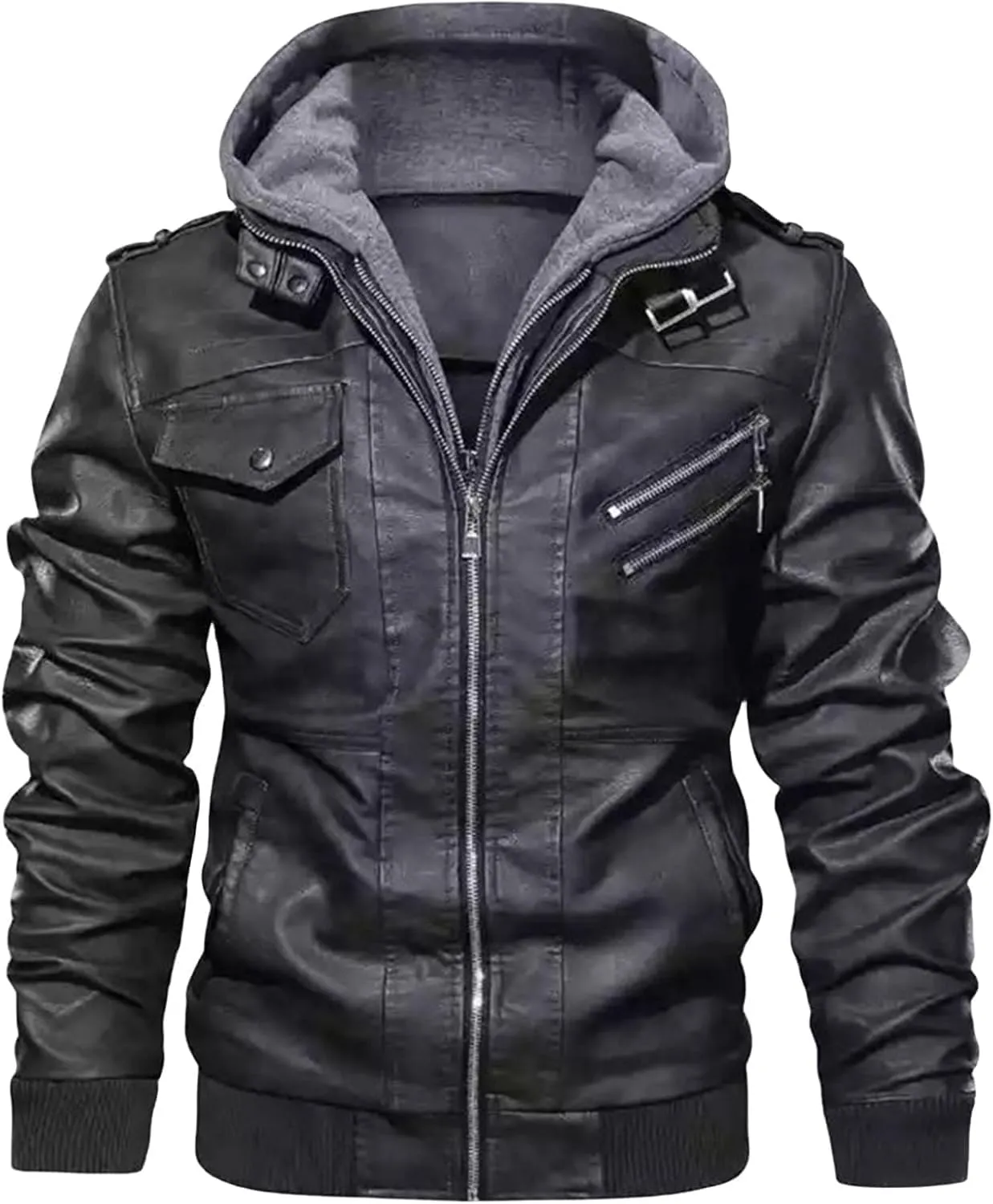 Men's Stand Collar Faux Leather Bomber Jacket Removable Hood Motorcycle Casual Coat