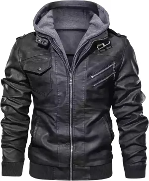 Men's Stand Collar Faux Leather Bomber Jacket Removable Hood Motorcycle Casual Coat