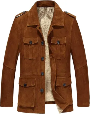 Mens Suede Jacket Vintage Faux Leather Jackets Button Down Winter Coats Sherpa Lined Truck Jacket Plus Size Outerwear