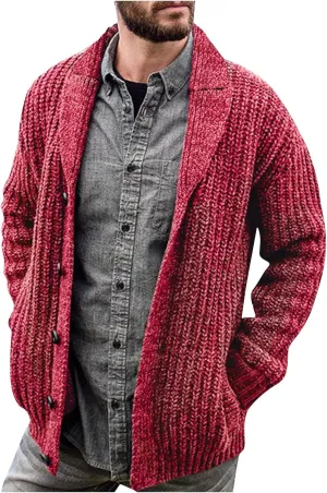 Mens Sweater Cardigan Casual Long Sleeve Shawl Collar Buttons Down Cable Knit Cardigan Sweater, XXL-5XL