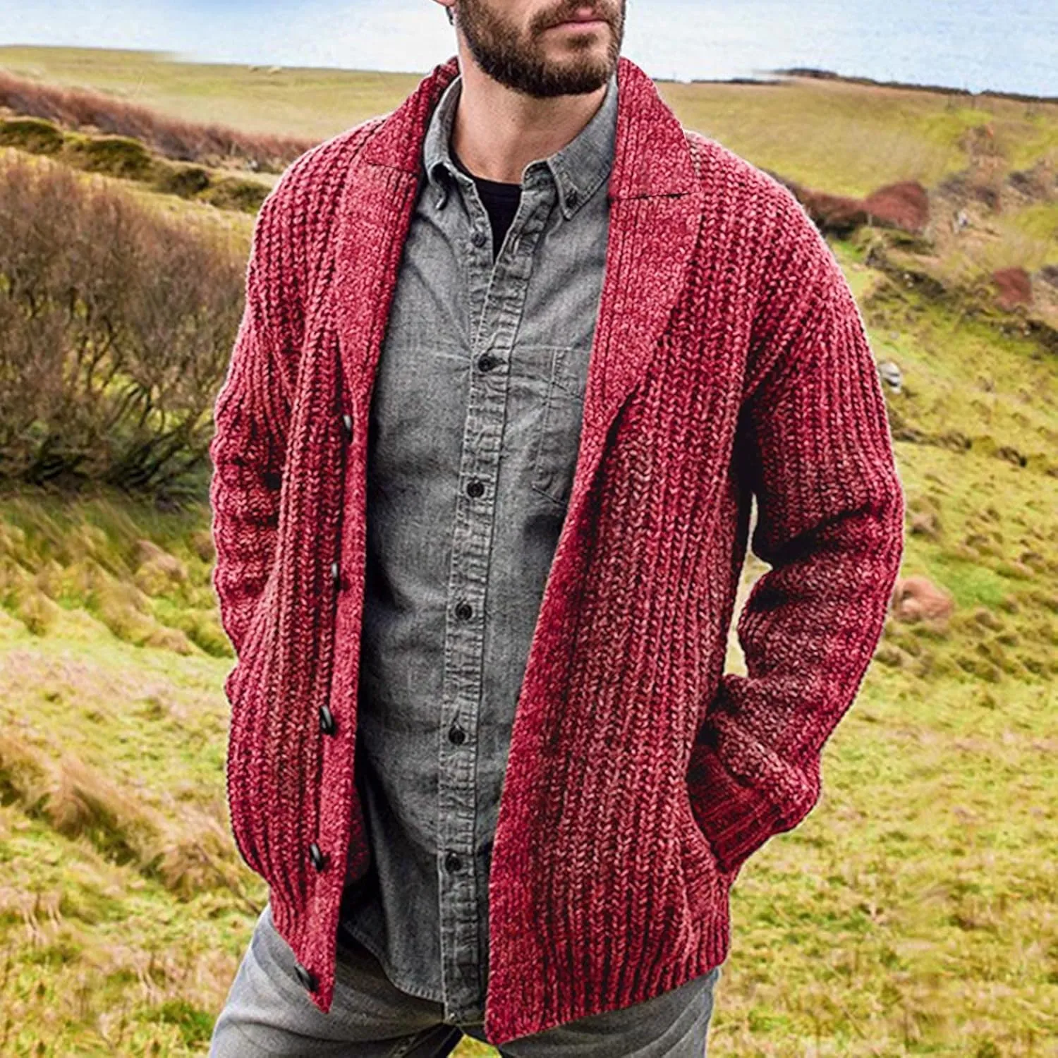 Mens Sweater Cardigan Casual Long Sleeve Shawl Collar Buttons Down Cable Knit Cardigan Sweater, XXL-5XL