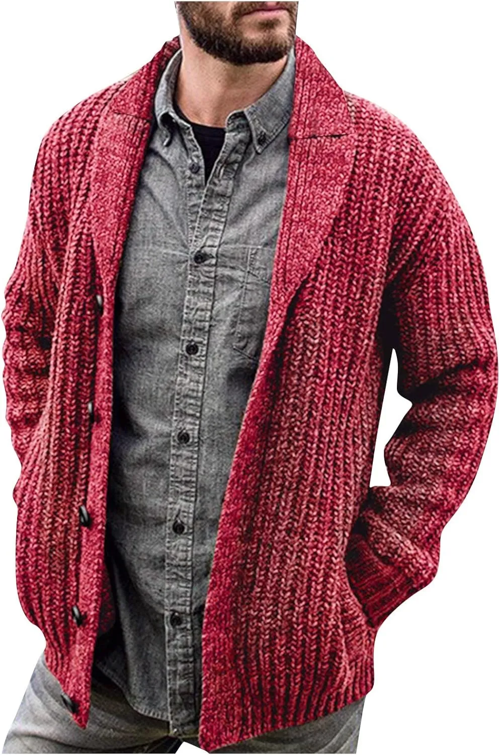 Mens Sweater Cardigan Casual Long Sleeve Shawl Collar Buttons Down Cable Knit Cardigan Sweater, XXL-5XL