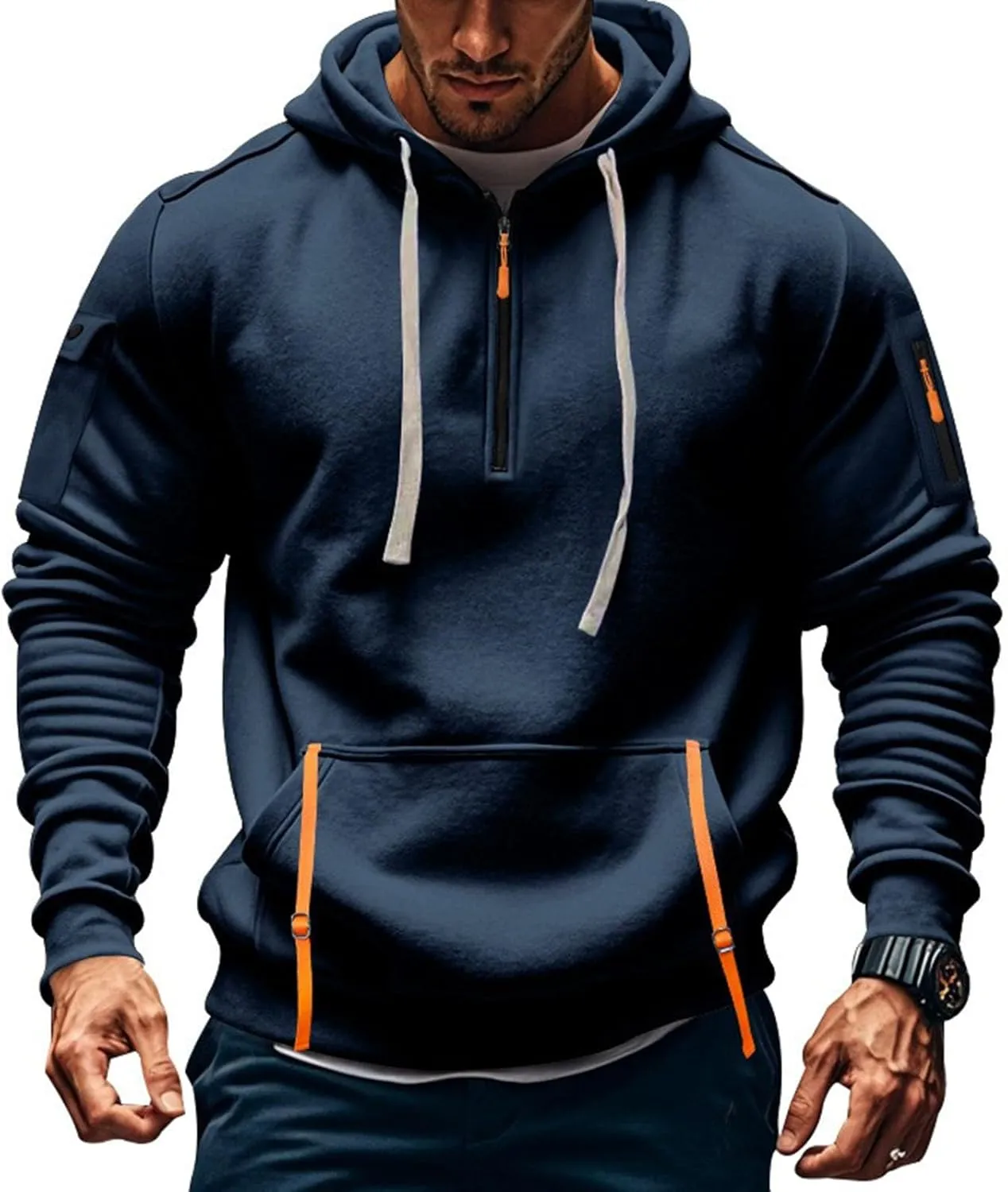 Mens Tactical Hoodie Plus Size Vintage Quarter Zip Pullover Comfy Oversized Military Tactical Shirt with Pockets