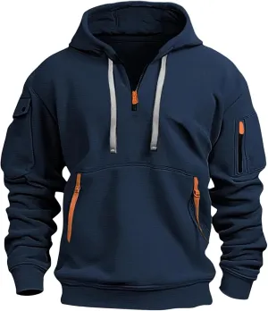 Mens Tactical Hoodie Plus Size Vintage Quarter Zip Pullover Comfy Oversized Military Tactical Shirt with Pockets