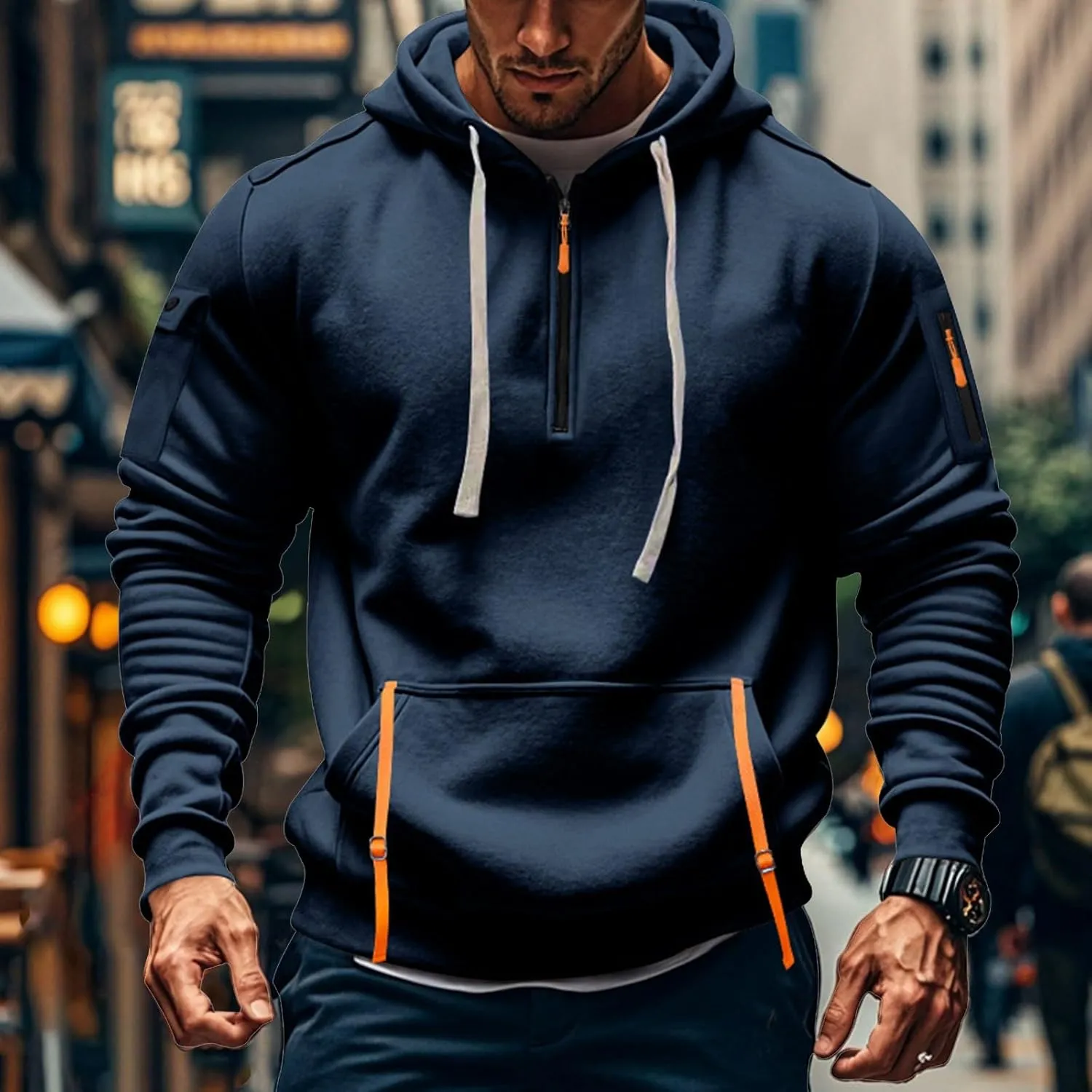Mens Tactical Hoodie Plus Size Vintage Quarter Zip Pullover Comfy Oversized Military Tactical Shirt with Pockets