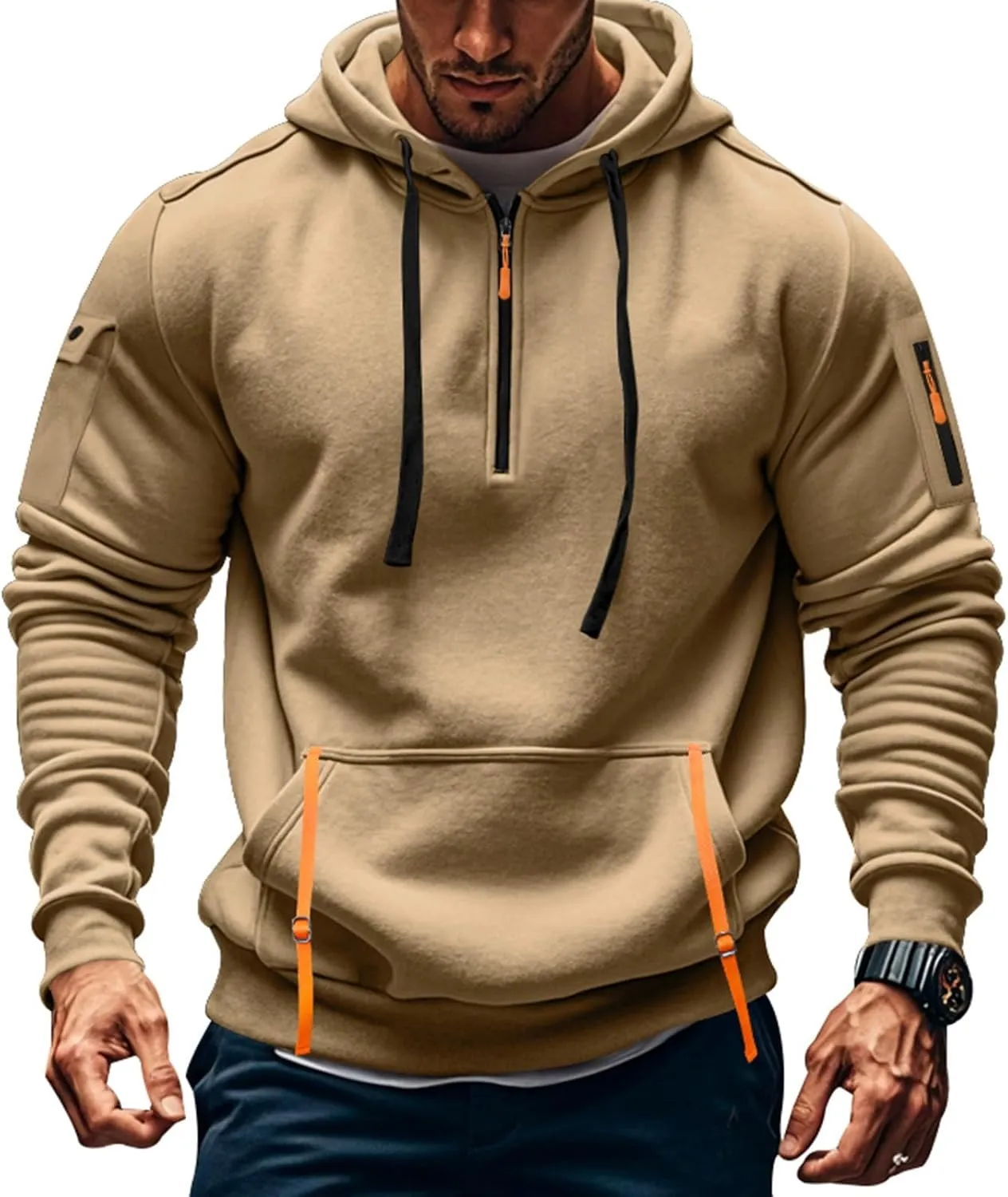 Mens Tactical Hoodies Plus Size Vintage Quarter Zip Pullover Oversized Long Sleeve Tactical Shirt with Pockets