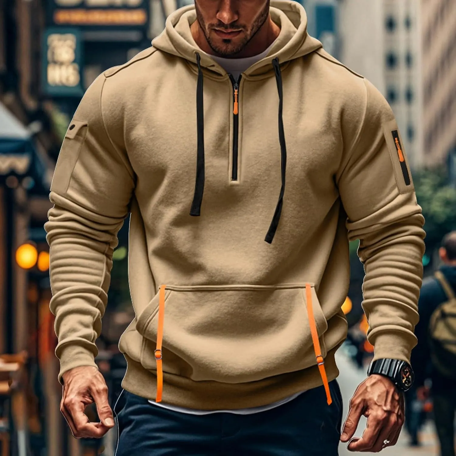 Mens Tactical Hoodies Plus Size Vintage Quarter Zip Pullover Oversized Long Sleeve Tactical Shirt with Pockets