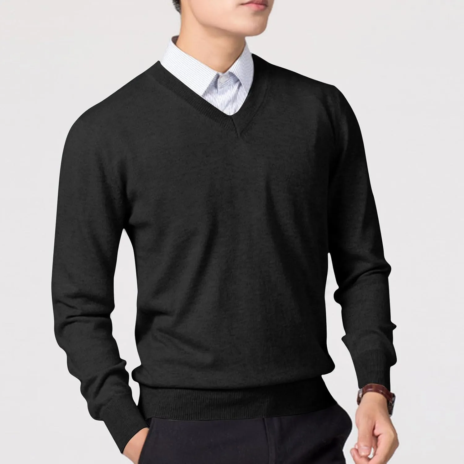 Men's V Neck Super Soft Sweater Long Sleeve Pullover Slim Fit Knitted Tops Lightweight Casual Fall Fashion Sweater