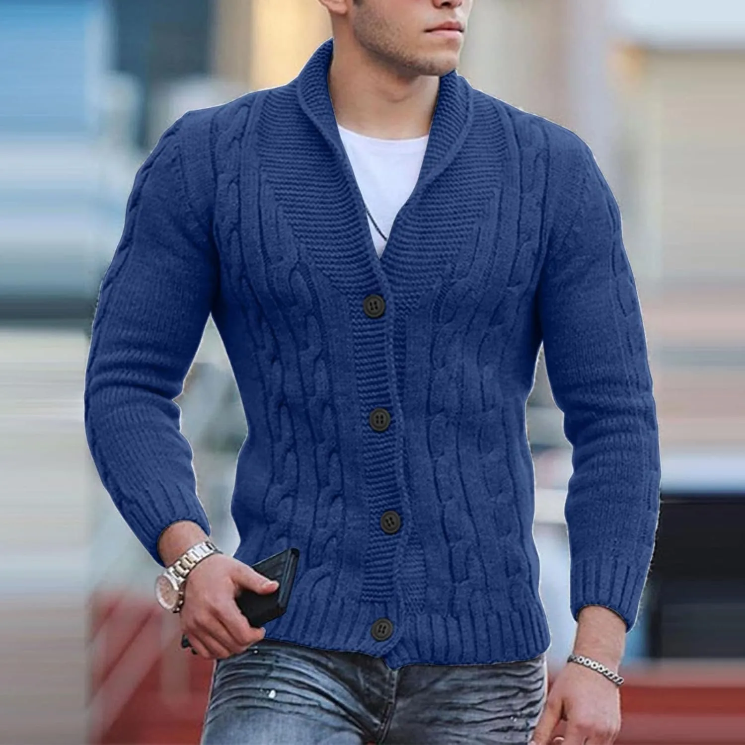 Men's V Neck Sweater Long Sleeve Shawl Collar Pullover Knitted Button Down Tops Solid Color Knitwear Oversize Sweater