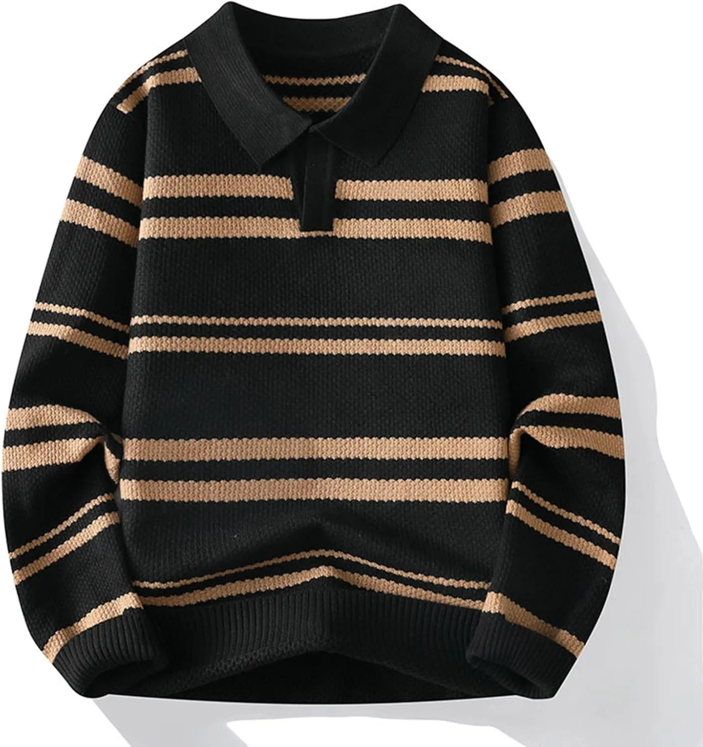 Men's V Neck Sweater Long Sleeve Striped Pullover Knitted Ribbed Tops Lightweight Knitwear Casual Loose Polo Sweater