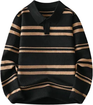 Men's V Neck Sweater Long Sleeve Striped Pullover Knitted Ribbed Tops Lightweight Knitwear Casual Loose Polo Sweater