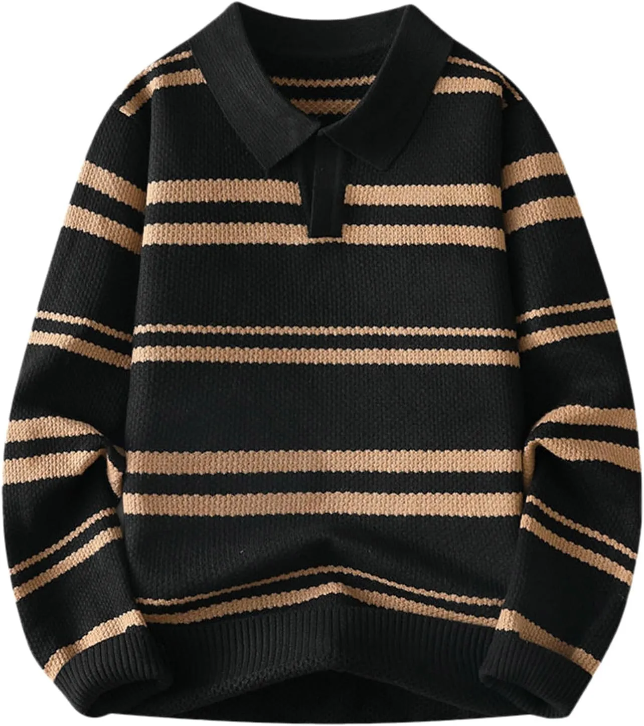 Men's V Neck Sweater Long Sleeve Striped Pullover Knitted Ribbed Tops Lightweight Knitwear Casual Loose Polo Sweater