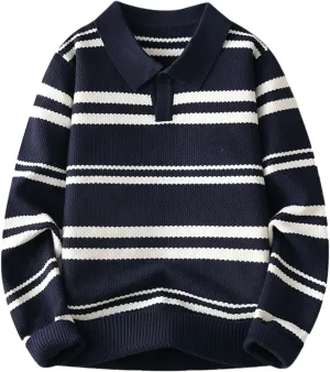 Men's V Neck Sweater Shawl Collar Striped Pullover Long Sleeve Ribbed Tops Casual Loose Knitwear Fall Fashion Sweater