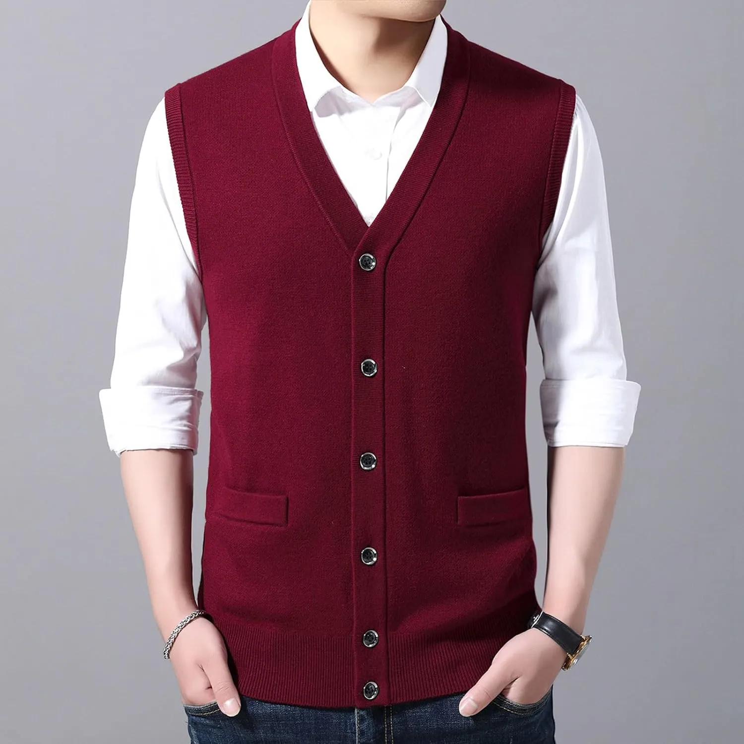 Men's V Neck Sweater Vest Notch Collar Button Down Shirts Solid Color Sleeveless Tops Knitted with Pockets Knitwear