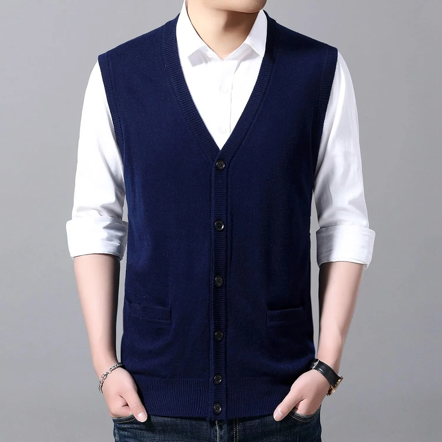Men's V Neck Sweater Vest Notch Collar Button Down Shirts Solid Color Sleeveless Tops Knitted with Pockets Knitwear