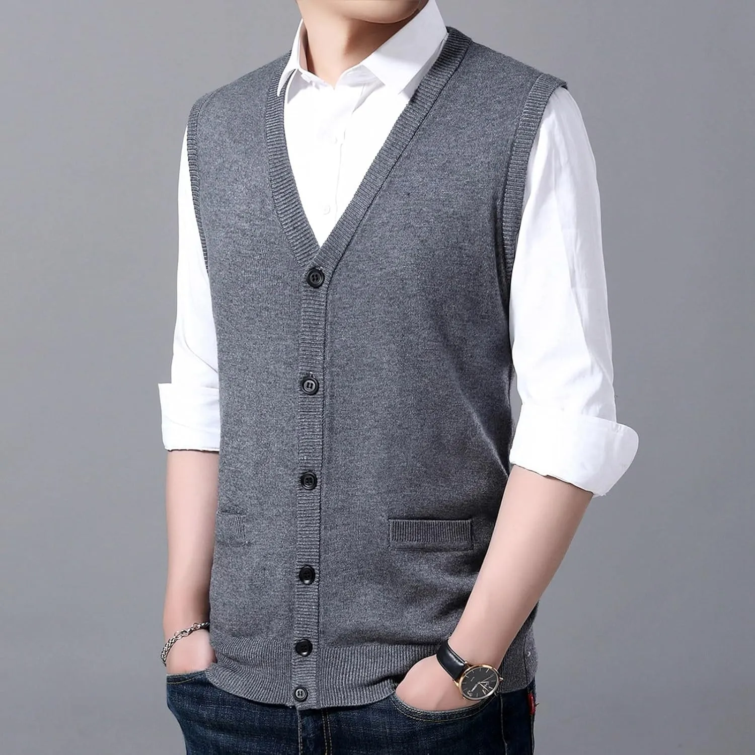 Men's V Neck Sweater Vest Notch Collar Button Down Shirts Solid Color Sleeveless Tops Knitted with Pockets Knitwear