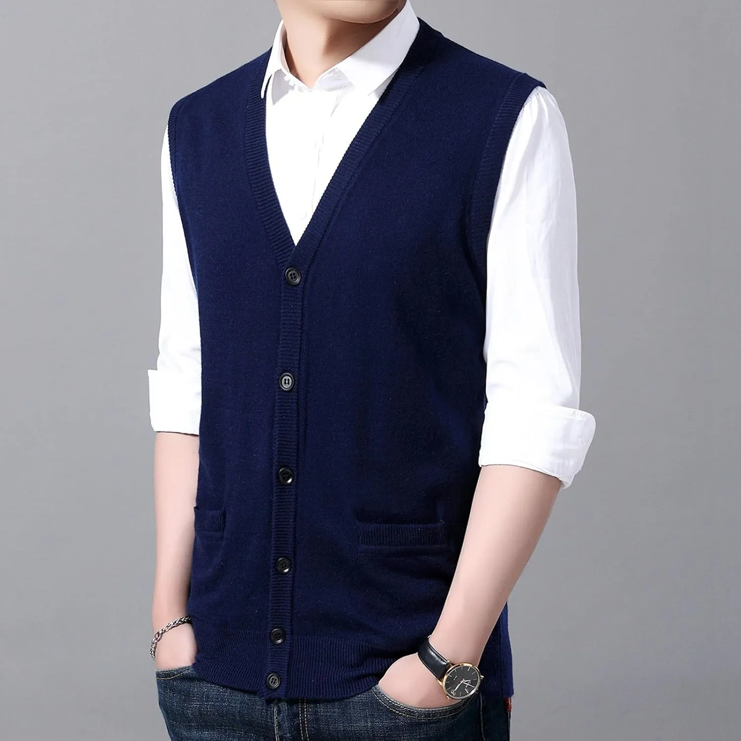 Men's V Neck Sweater Vest Notch Collar Button Down Shirts Solid Color Sleeveless Tops Knitted with Pockets Knitwear