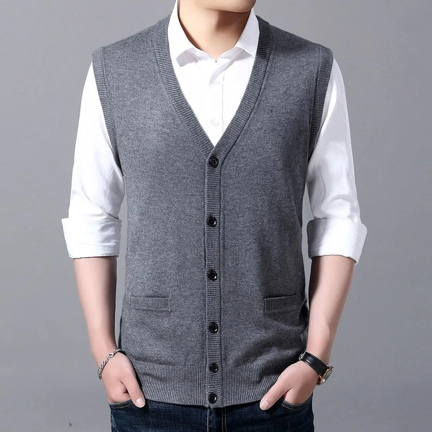 Men's V Neck Sweater Vest Notch Collar Button Down Shirts Solid Color Sleeveless Tops Knitted with Pockets Knitwear