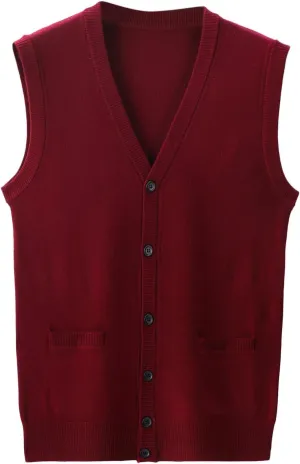 Men's V Neck Sweater Vest Notch Collar Button Down Shirts Solid Color Sleeveless Tops Knitted with Pockets Knitwear