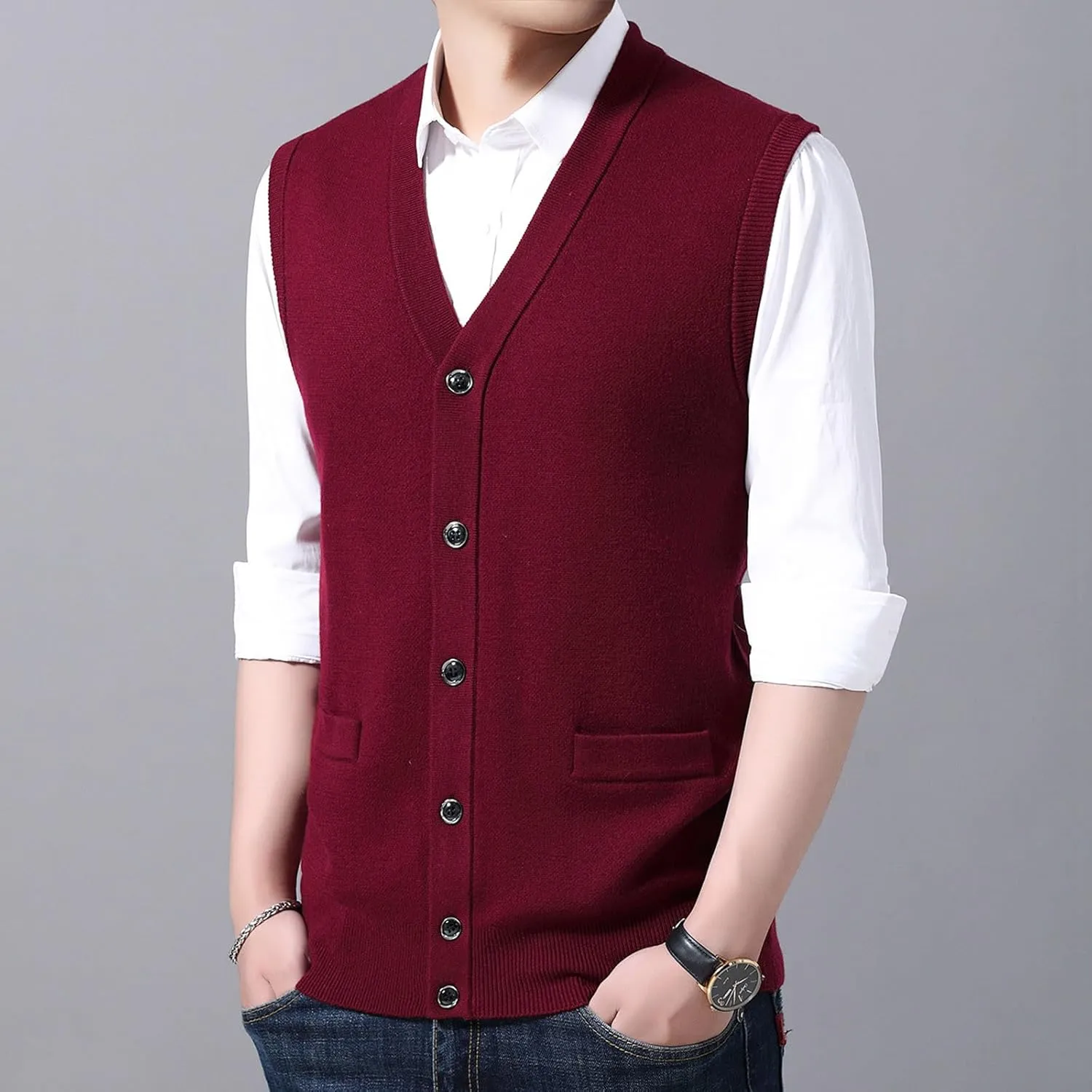 Men's V Neck Sweater Vest Notch Collar Button Down Shirts Solid Color Sleeveless Tops Knitted with Pockets Knitwear