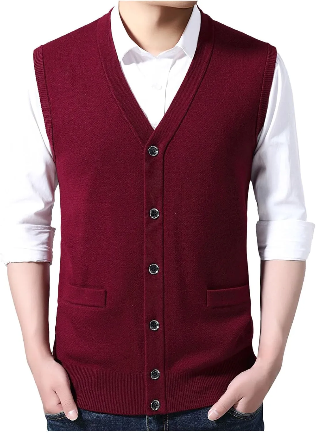 Men's V Neck Sweater Vest Notch Collar Button Down Shirts Solid Color Sleeveless Tops Knitted with Pockets Knitwear
