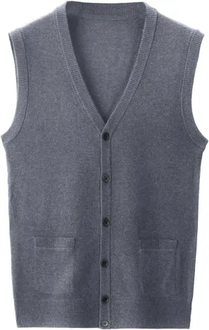 Men's V Neck Sweater Vest Notch Collar Button Down Shirts Solid Color Sleeveless Tops Knitted with Pockets Knitwear