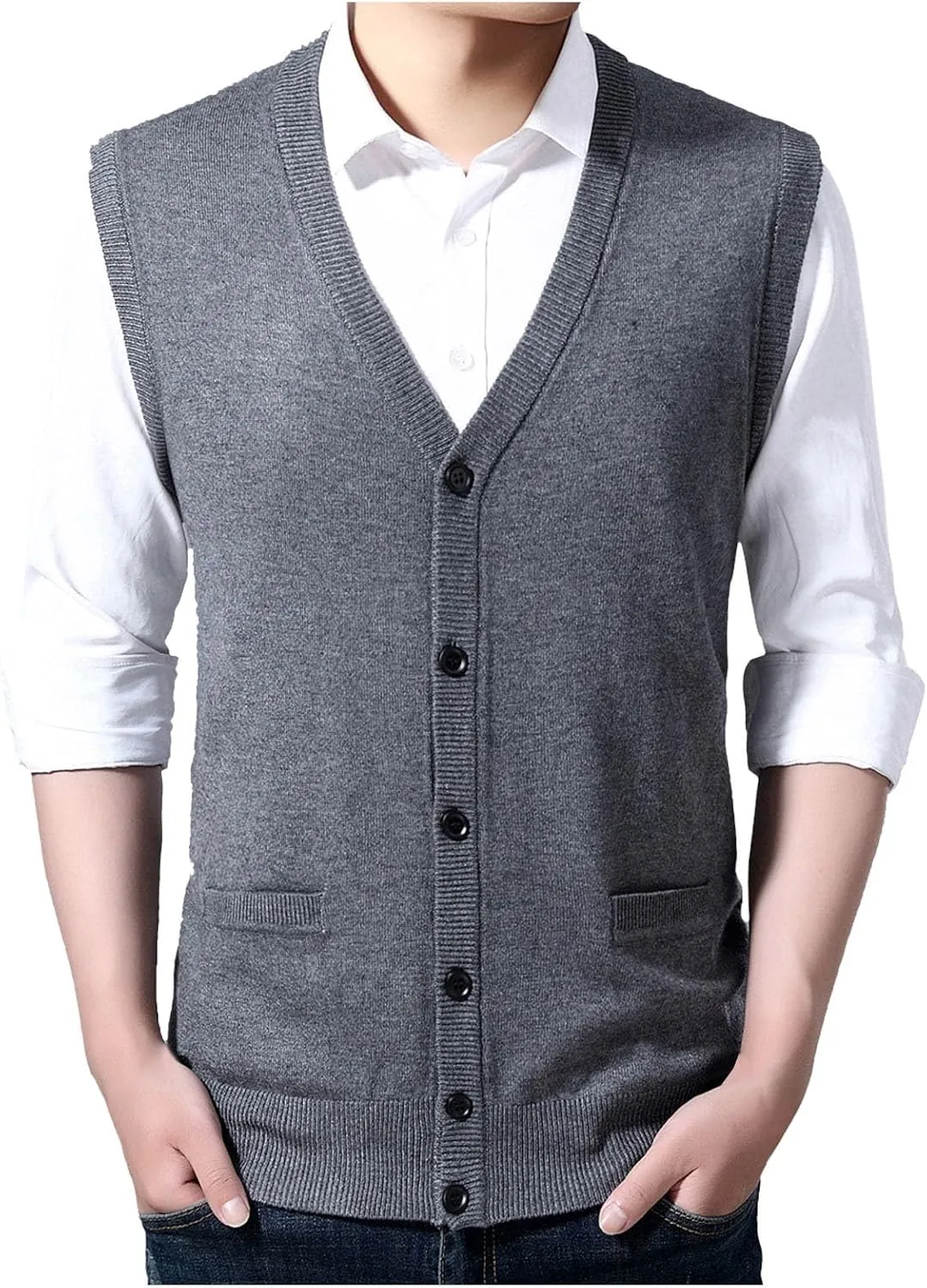 Men's V Neck Sweater Vest Notch Collar Button Down Shirts Solid Color Sleeveless Tops Knitted with Pockets Knitwear