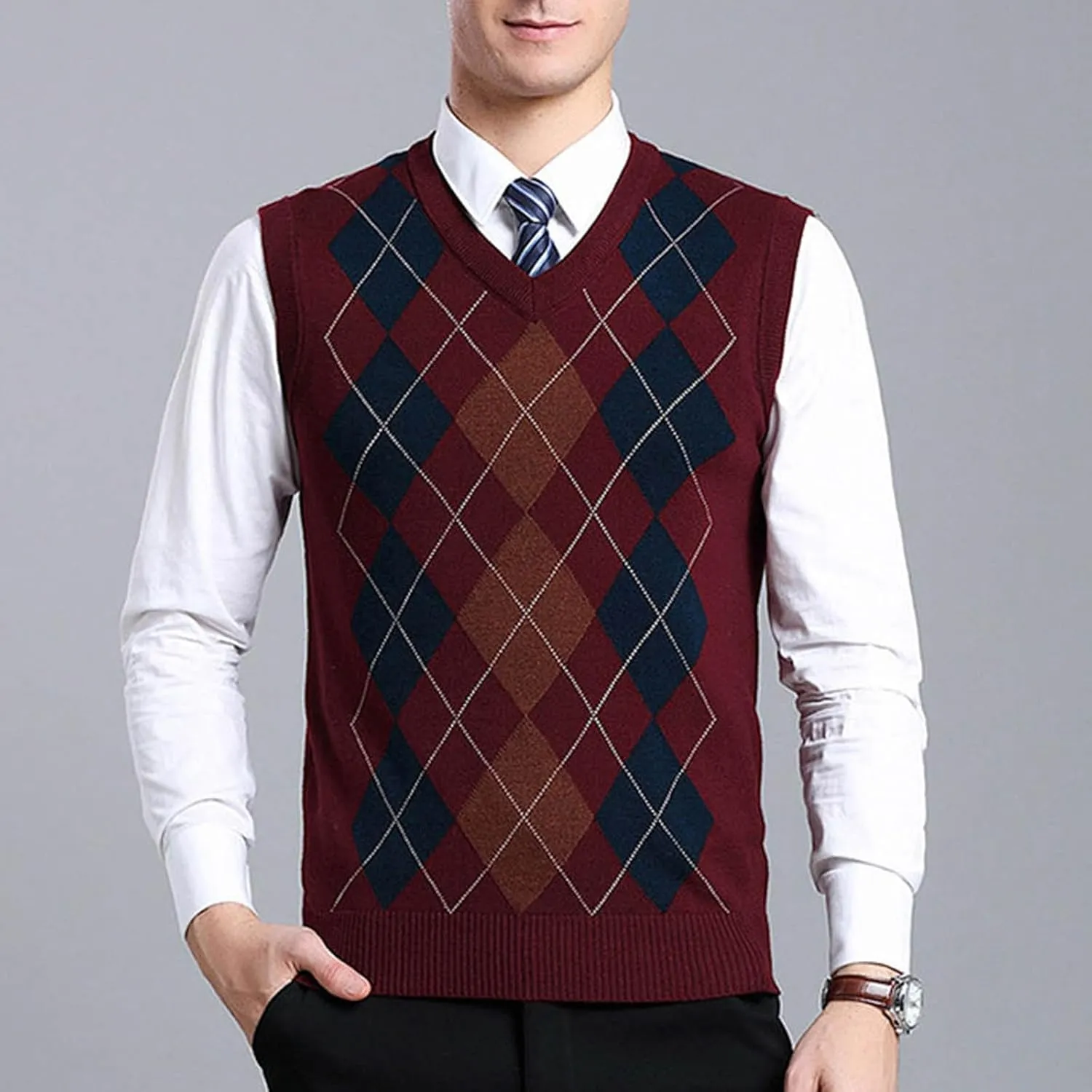 Men's V Neck Sweater Vest Sleeveless Knitted Pullover Plaid Color Block Knitwear Casual Loose Fall Fashion Sweater