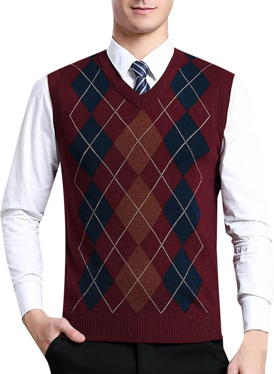 Men's V Neck Sweater Vest Sleeveless Knitted Pullover Plaid Color Block Knitwear Casual Loose Fall Fashion Sweater