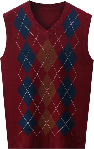 Men's V Neck Sweater Vest Sleeveless Knitted Pullover Plaid Color Block Knitwear Casual Loose Fall Fashion Sweater