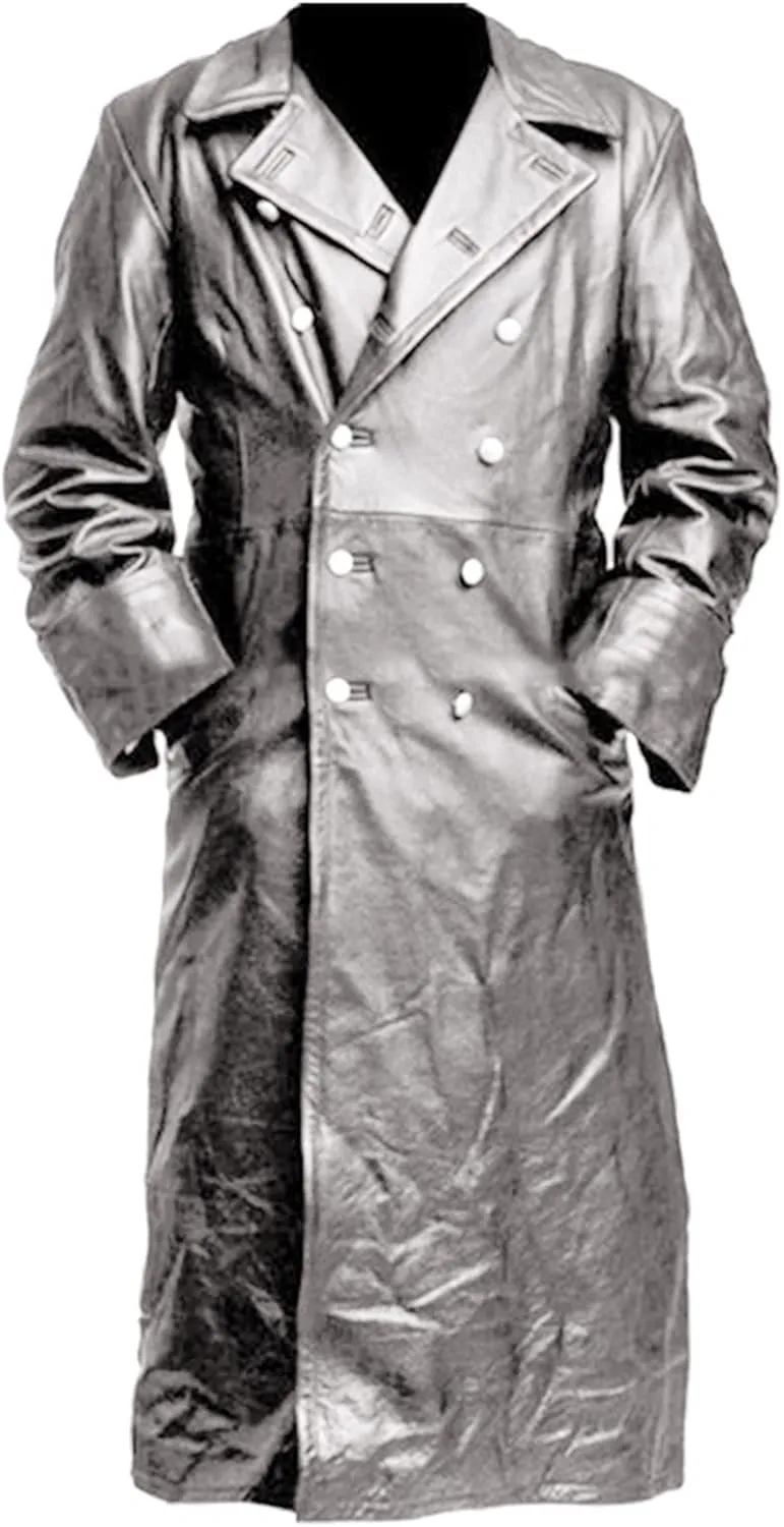 Mens Vintage Black Leather Trench Coat Classic WW2 Officer Military Uniform Coat Long Motorcycle Biker Jacket