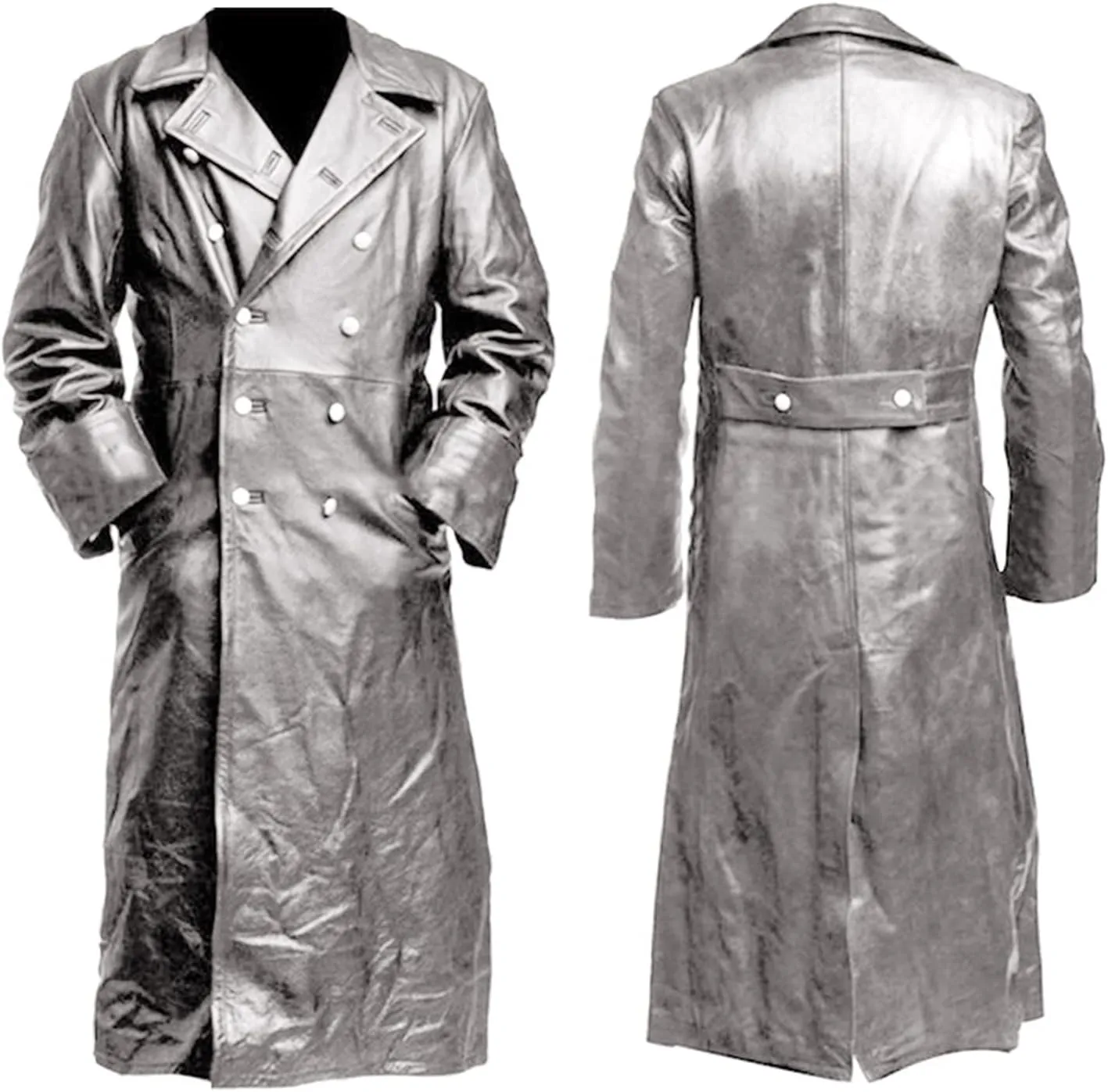 Mens Vintage Black Leather Trench Coat Classic WW2 Officer Military Uniform Coat Long Motorcycle Biker Jacket