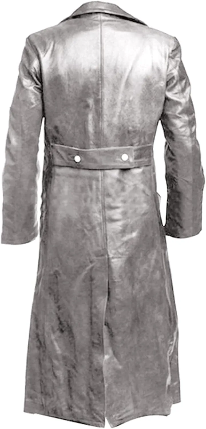 Mens Vintage Black Leather Trench Coat Classic WW2 Officer Military Uniform Coat Long Motorcycle Biker Jacket