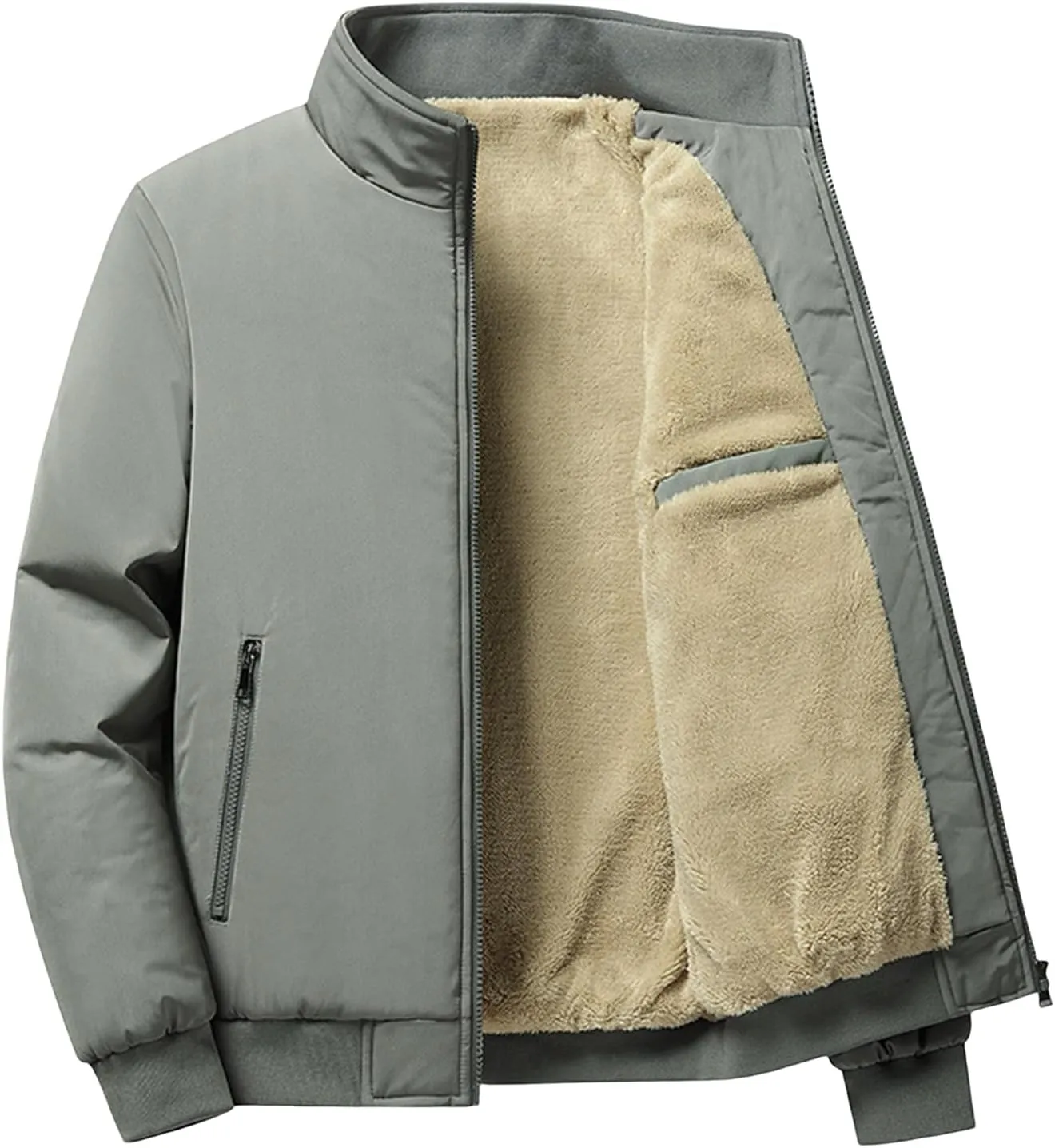 Mens Winter Fleece Lined Stand Collar Jacket Diamond Quilted Thermal Padded Full Zipper Bomber Jacket Coat