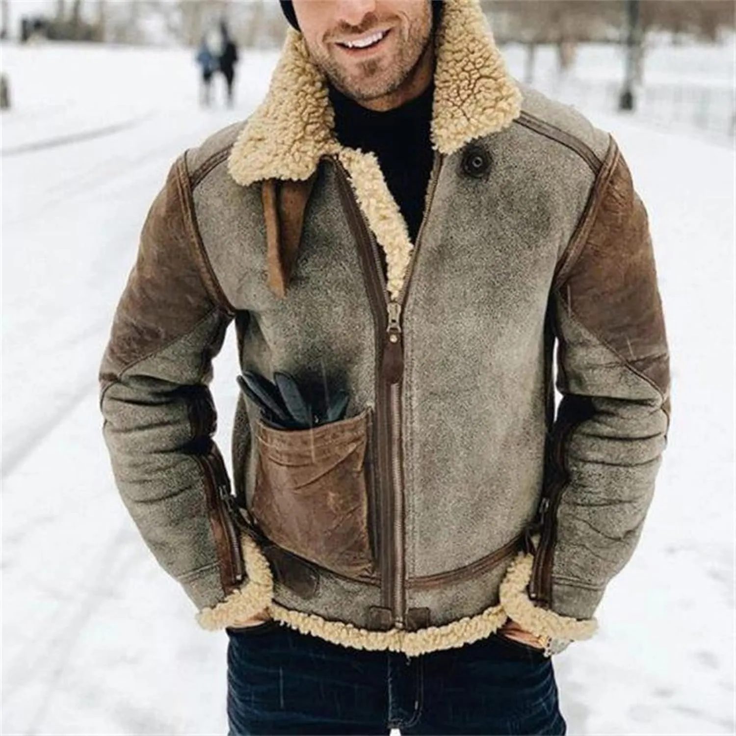Men's Winter Jacket 2024 Warm Fleece Lined Coat Faux Suede Bomber Jacket Outerwear Lapel Work Wear for Outdoor Hunting