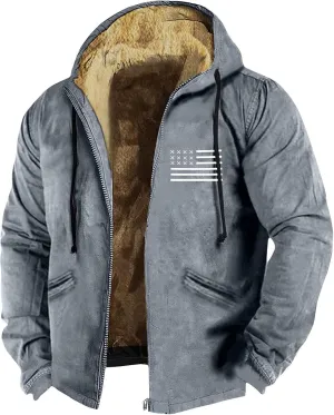Men's Winter Sherpa Lined Hoodie Jacket Flag Print Zip Up Sweatshirt Heavyweight Warm Fleece Coat with Pockets M-7XL