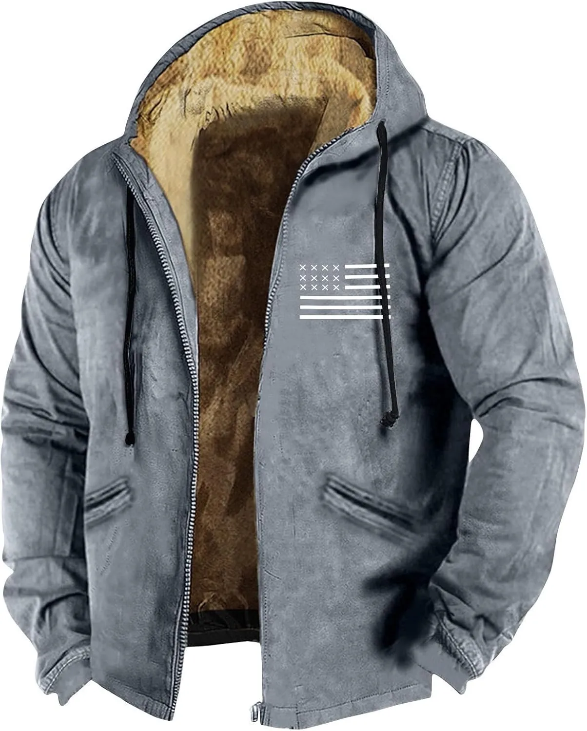 Men's Winter Sherpa Lined Hoodie Jacket Flag Print Zip Up Sweatshirt Heavyweight Warm Fleece Coat with Pockets M-7XL