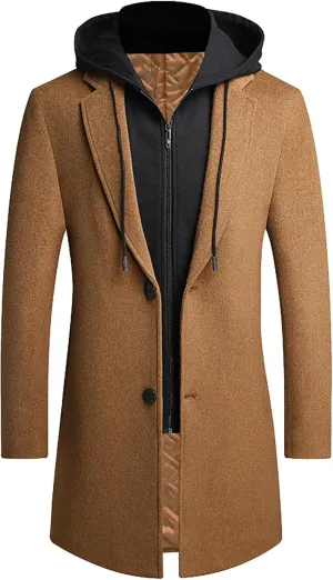 Men's Wool Blend Pea Coat Hooded Zipper Warm Cardigan Knitted Coat Jacket Notched Lapel Belt Fall Windproof Coat